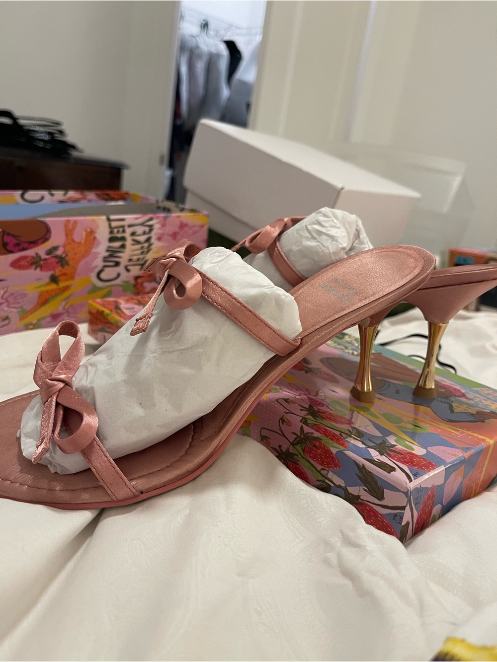 Jeffrey Campbell Pink Satin Bow Slide Heels with Gold Stiletto - Picture 4 of 5